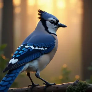 A close-up of a beautiful blue jay with intricate feather patterns, perched on a branch in a misty forest at sunrise, with golden light filtering through, photorealistic and detailed